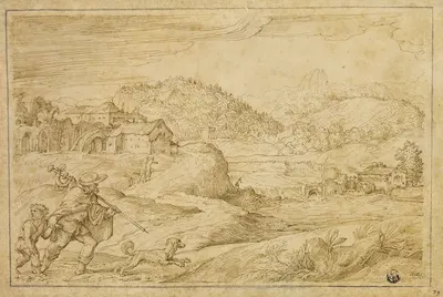 River Landscape with Saint Roch and a Child Traveling with Dog by Domenico Campagnola, c. 1545 — digital art print download