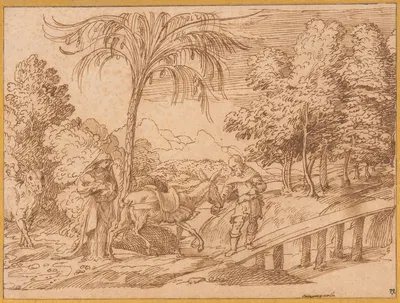 The Flight into Egypt by Domenico Campagnola, c. 1540 — digital art print download