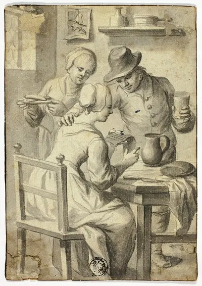 Woman Reading at Table While Man and Woman Listen In by Egbert Van Heemskerck — digital art print download