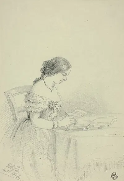 Woman Watercoloring (possibly a Self Portrait) by Элизабета Мюррей, 1856 — digital art print download