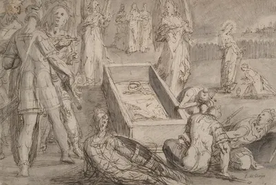 Christ’s Empty Tomb after the Resurrection, with Christ Appearing to Mary Magdalene at the Right by Master of the Egmont…