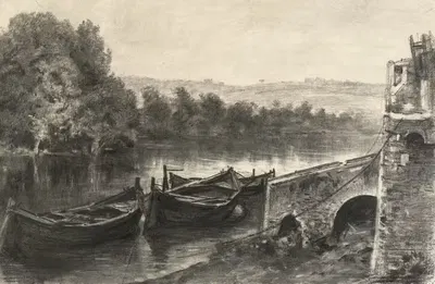 Boats by a Stone River Landing by Maxime Lalanne — digital art print download