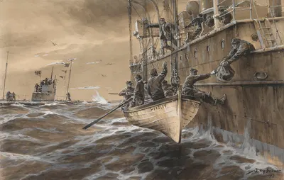 Deutsches U-Boot begegnet britischer U-Boot Falle 'Headley' by Willy Stöwer, 1917 — digital art print download