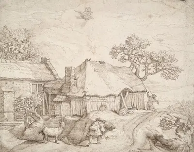 Farm Buildings with Peasants, a Goat, and the Abduction of Ganymede by After Abraham Bloemaert — digital art print download