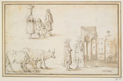 Studies of Two Cows, Figures, and Street Scene by Корнелис де Ваэль — digital art print download