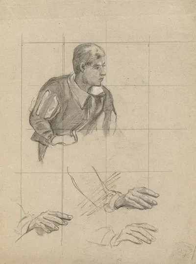 Seated Man and Study of Hands, sketch for Signing of the Compact in the Cabin of the Mayflower. by Эдвин Уайт — digital art…