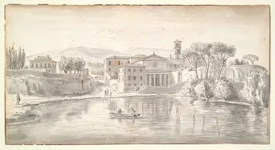 Church and Houses along a River by Gaspar Van Wittel — digital art print download