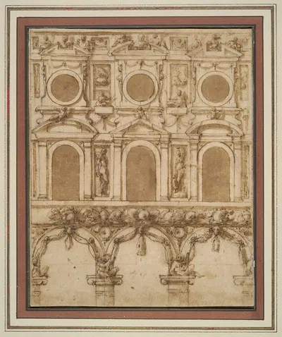 Design for a temporary decoration of the East wall of the Palazzo Vecchio Courtyard by Джорджо Вазари — digital art print…