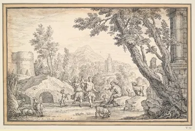 Sheperd’s Dancing in Classical Landscape by Пауль ван Сомер, 1713 — digital art print download