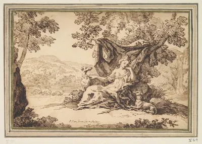 Woman with Two Dogs Seated in a Landscape by Пауль ван Сомер — digital art print download