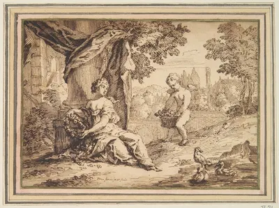 Women Seated beneath Pillar with Putto by Пауль ван Сомер — digital art print download