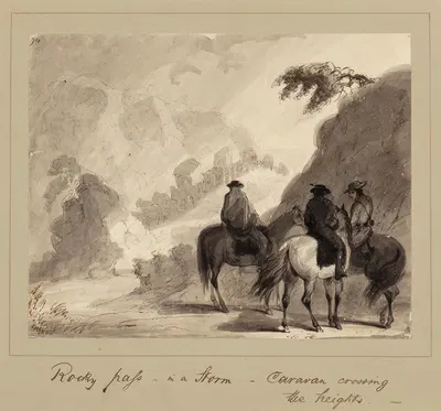 Rocky Pass in a Storm, Caravan Crossing the Heights by Alfred Jacob Miller — digital art print download