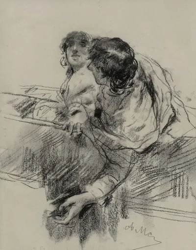 Couple in a boat, man leaning over edge by Antonio Mancini — digital art print download