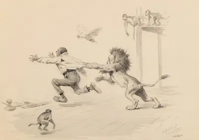 Lion Attack by Arthur Burdett Frost — digital art print download