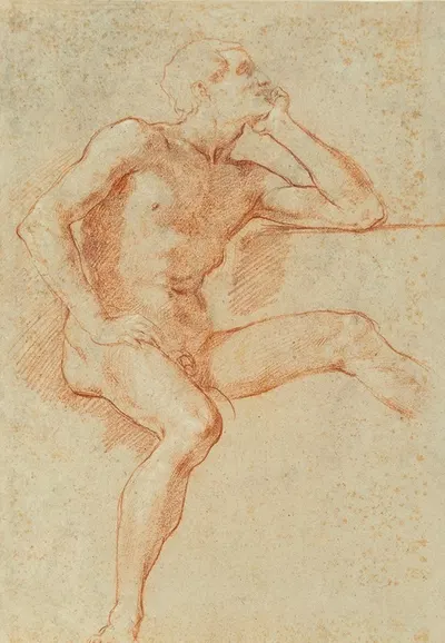 Study of a male nude, seated, resting his chin on his left hand by Baldassarre Franceschini — digital art print download