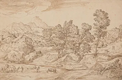Paysage arboré avec des paysans et leur troupeau au premier plan by Domenico Campagnola — digital art print download