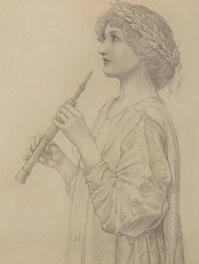 Study of a girl wearing a laurel wreath, playing a recorder by Henry Ryland — digital art print download