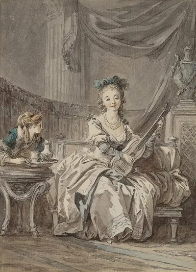 Femme jouant de la guitare dans un intérieur by Жан-Батист Лё Пренс — digital art print download