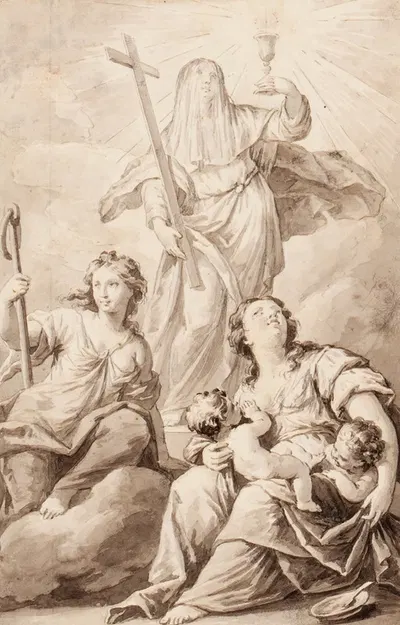 Saint Theresa, a second female saint and Charity (possibly preliminary study for an altarpiece) by Венецианская школа —…