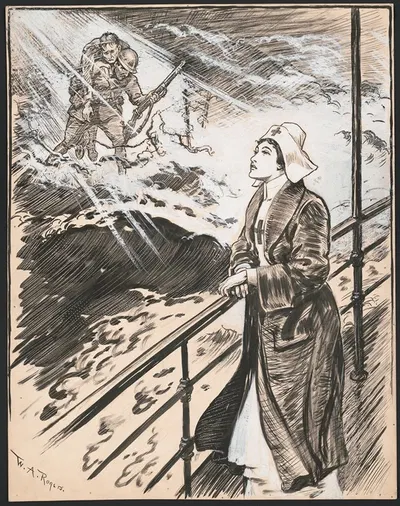 Red Cross nurse standing at the railing of a ship, has a vision of wounded soldiers across a stormy sea by William Allen…