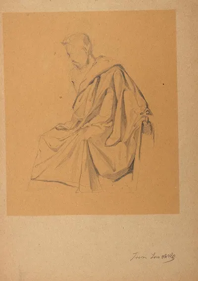 Figurenstudie eines nach links Sitzenden, mit einem Tuch bekleideten Mannes by Franz Jaschke — digital art print download