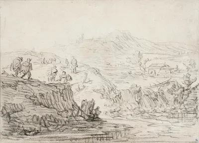 Hilly Landscape with Stream and Figures by Херман Сафлевен, 1609 - 1685 — digital art print download