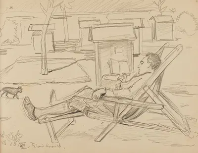 mężczyzna na leżaku pośród uli w pasiece. by Иван Иванец, 1929 — digital art print download