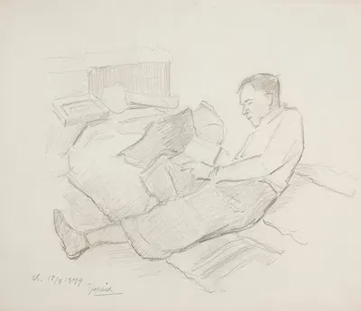 Mężczyzna półleżący na posłaniu z książką w ręce by Иван Иванец, 1944 — digital art print download