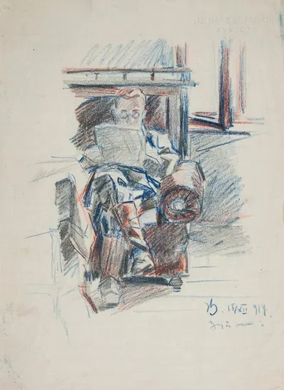 Mężczyzna siedzący na kanapie i czytający gazetę by Иван Иванец, 1914 — digital art print download
