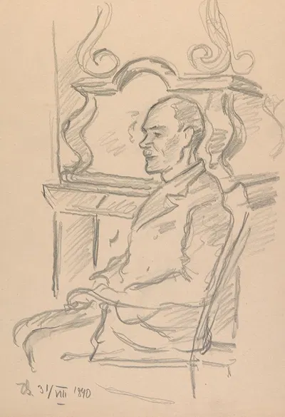 Mężczyzna siedzący w fotelu przy kominku by Иван Иванец, 1940 — digital art print download