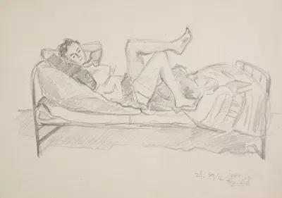 Młoda kobieta leżąca na łóżku by Иван Иванец, 1944 — digital art print download