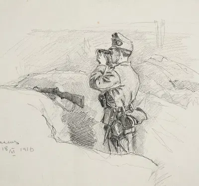 Oficer Legionu Ukraińskich Strzelców Siczowych (1914-1920) w okopie obserwujący przez lornetkę przedpole by Иван Иванец,…