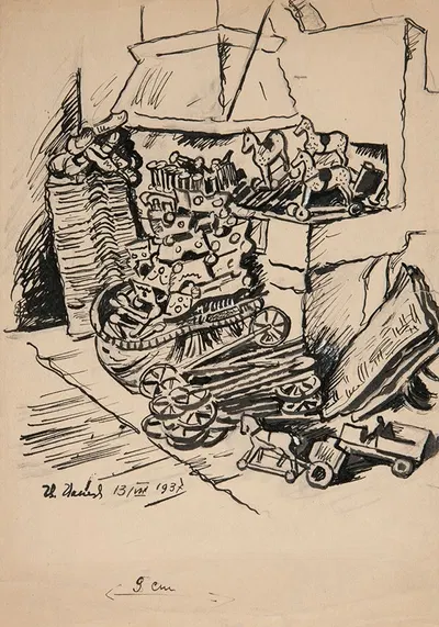 Projekt ilustracji fragment wnętrza kuchni ze stertami drewnianych zabawek by Иван Иванец, 1937 — digital art print download