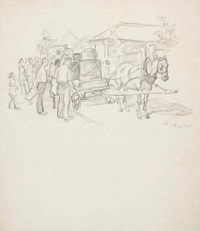 Scena przesiedlenia – załadunek rzeczy na jednokonny wóz stojący na ulicy miasteczka by Иван Иванец, 1944 — digital art…