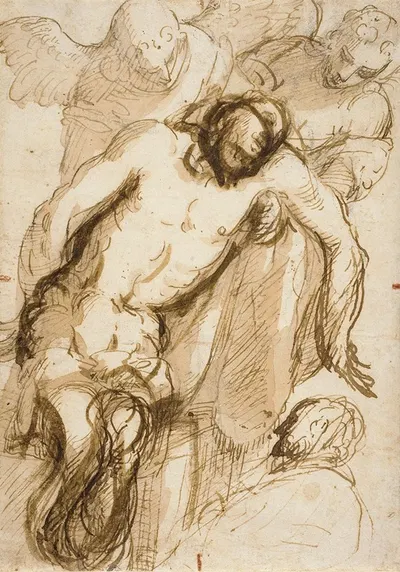 The Dead Christ Supported by Two Angels by Якопо Пальма Ил Веккьо — digital art print download
