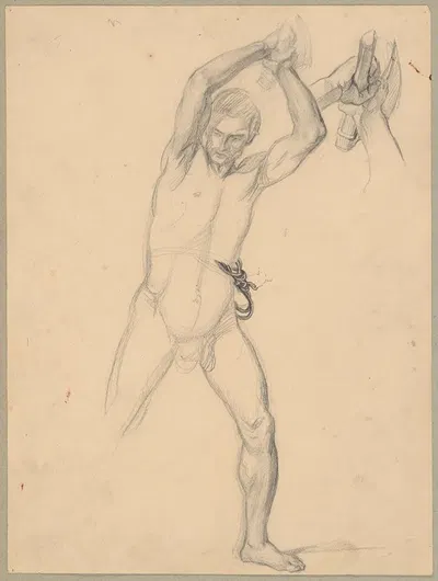 Nude sketch to the executioner with an axe (recto) and a stone (verso) to the painting 'Martyrdom of St. Matthias' by Юзеф…
