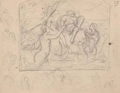 Sketch of the composition 'Mermaids luring a young man' by Юзеф Симмлер, 1848 — digital art print download