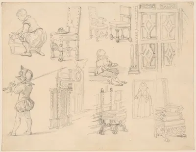 Sketches of Baroque costumes and furniture by Юзеф Симмлер, 1860-1867 — digital art print download