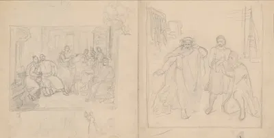 Sketches of figural compositions – the scene inside a manor house and the scene with a diviner by Юзеф Симмлер, 1840-1850 —…