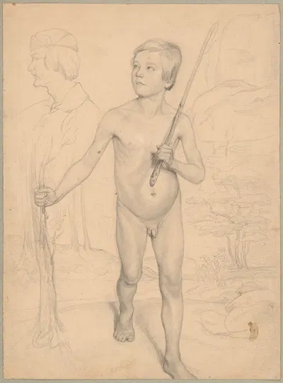 Study of a nude boy against a landscape by Юзеф Симмлер, 1858 — digital art print download