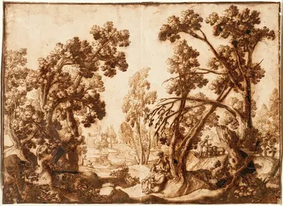 Landscape with Seated Figures in Foreground by Remigio Cantagallina — digital art print download