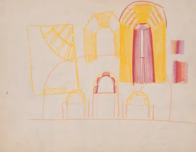 Design drawings for miscellaneous interiors, some possibly related to the Hotel St. George, New York, NY. Sketch for…