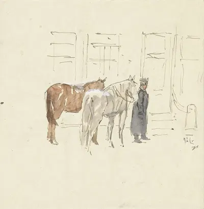 Man met twee paarden voor een gebouw by Adolf le Comte, 1915 — digital art print download