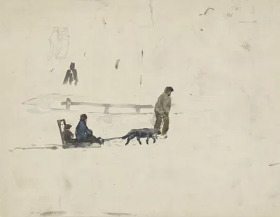 Slede met twee kinderen getrokken door een man met hond by Adolf le Comte, 1860 - 1921 — digital art print download