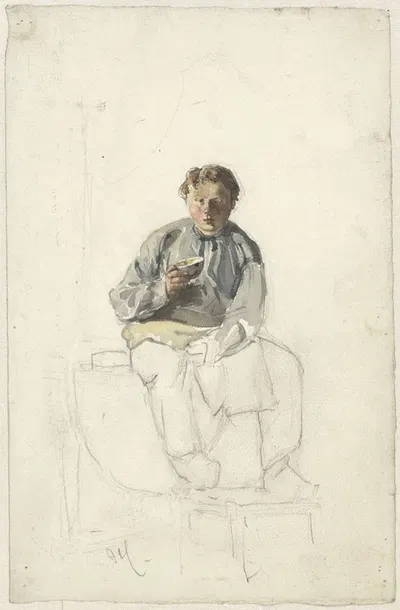 Zittende jongen met een kopje by Adolf le Comte, 1860 - 1921 — digital art print download