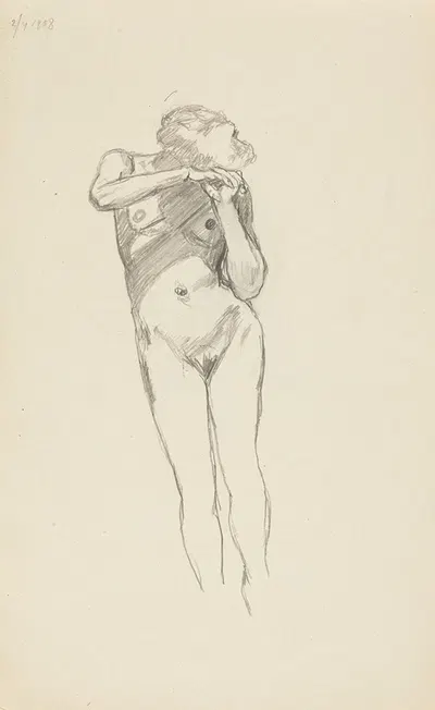 akt stojącej kobiety z pochyloną głową by Adolf Sternschuss, 1908 — digital art print download