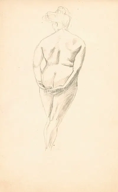 akt kobiety stojącej tyłem z dłońmi splecionymi na pośladkach by Adolf Sternschuss, 1908 — digital art print download