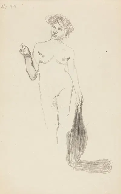 akt stojącej kobiety trzymającej draperię by Adolf Sternschuss, 1908 — digital art print download