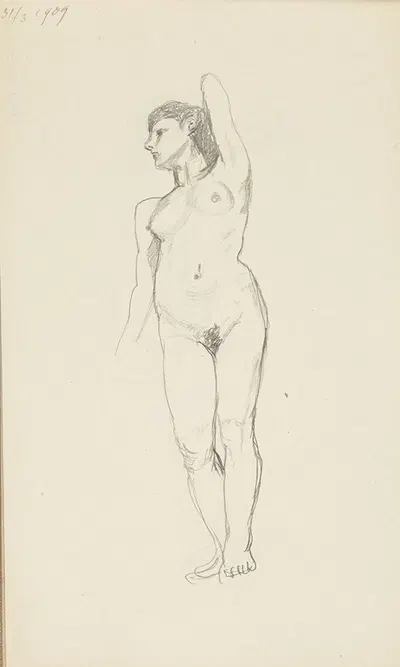 akt stojącej kobiety trzymającej rękę za głową by Adolf Sternschuss, 1909 — digital art print download