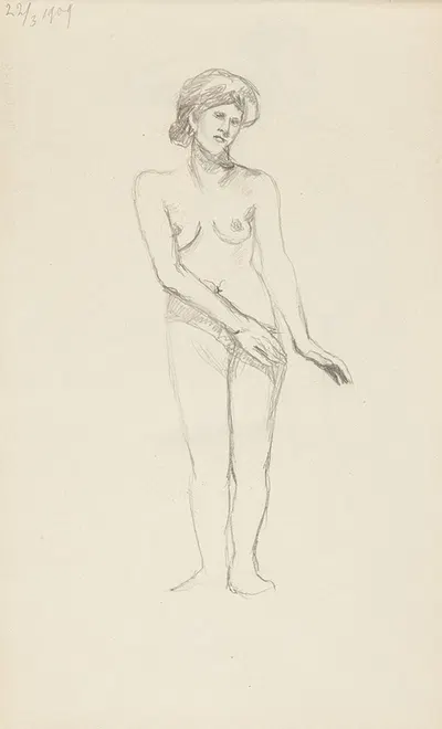 akt stojącej kobiety zasłaniającej biodra prawą ręką by Adolf Sternschuss, 1909 — digital art print download